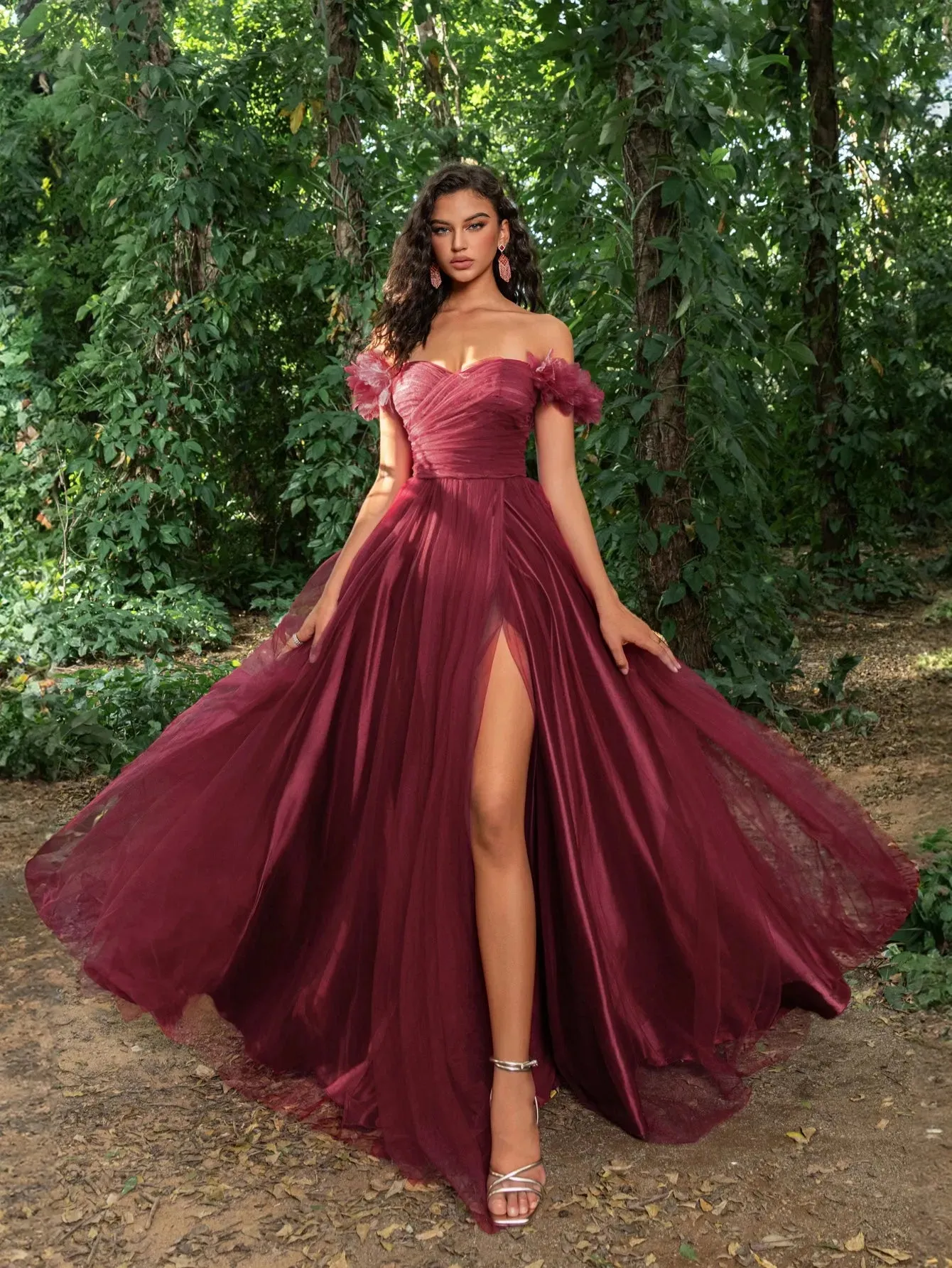 Elegant Off Shoulder Ruched Bust Split Thigh Tulle Prom Dress