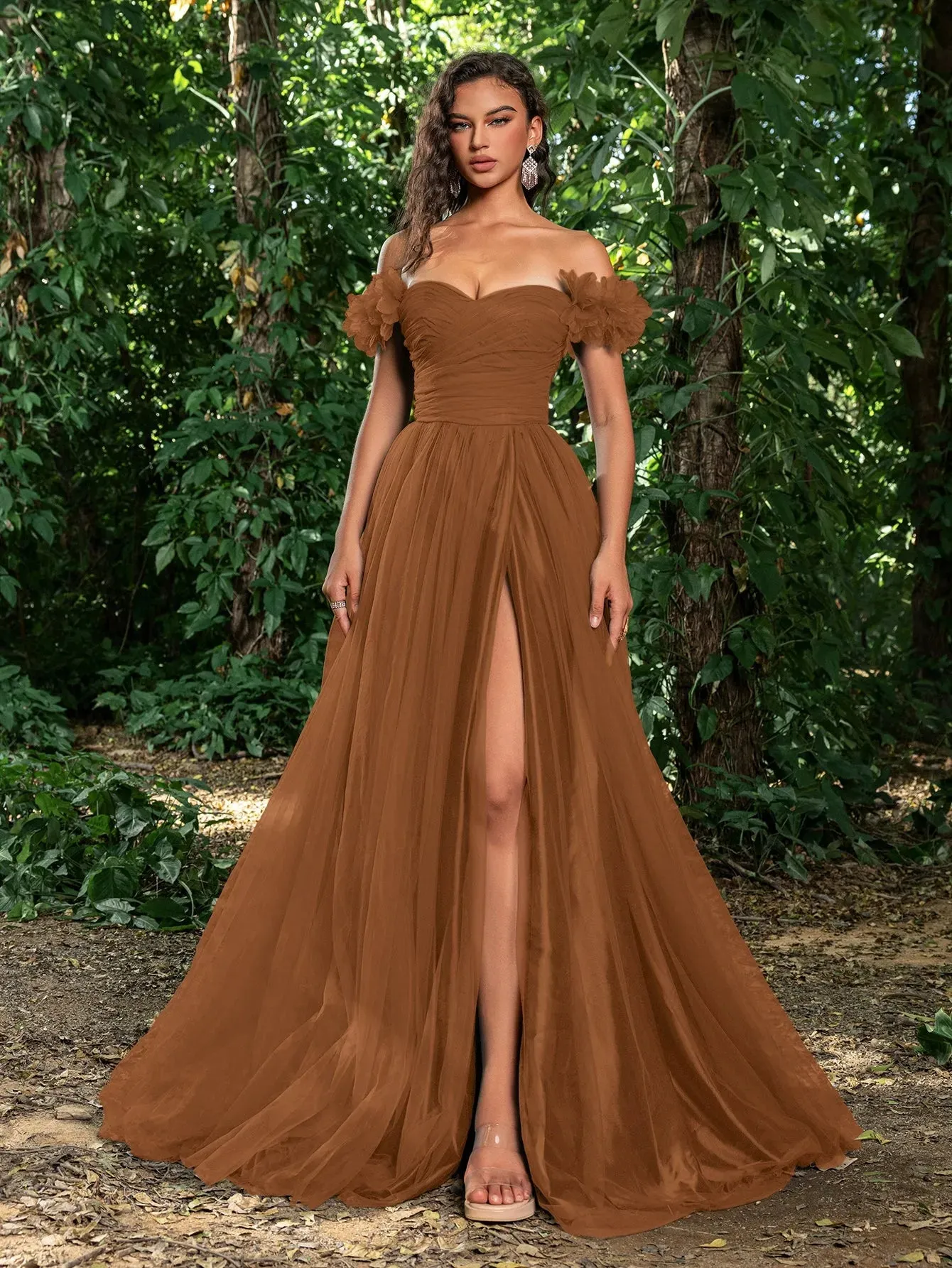 Elegant Off Shoulder Ruched Bust Split Thigh Tulle Prom Dress