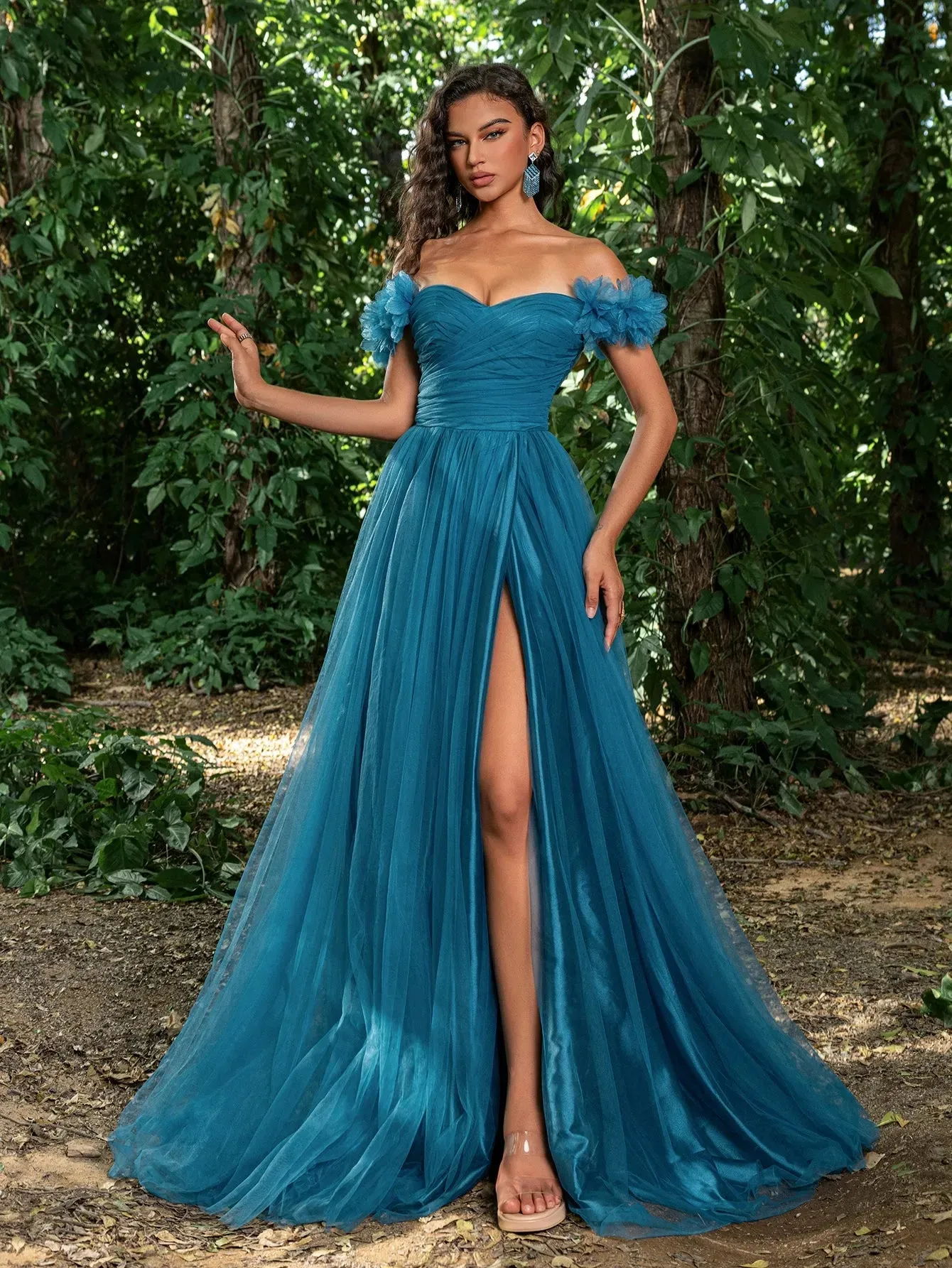 Elegant Off Shoulder Ruched Bust Split Thigh Tulle Prom Dress