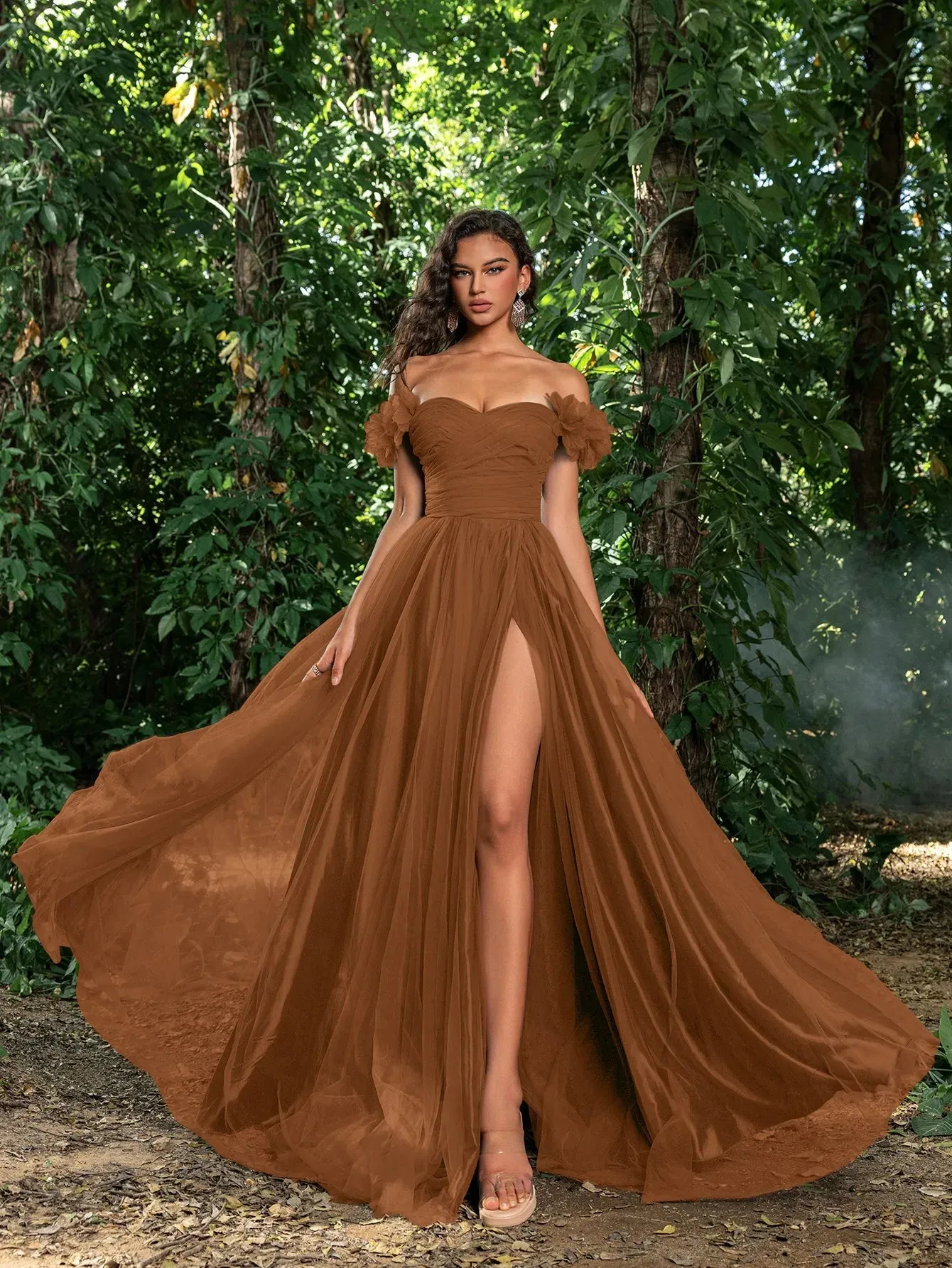 Elegant Off Shoulder Ruched Bust Split Thigh Tulle Prom Dress