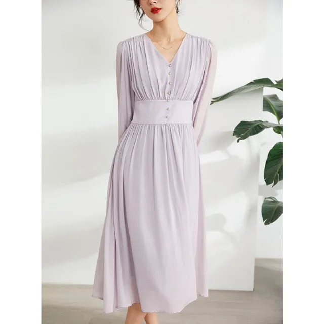 Elegant Purple Long Sleeve Mulberry Silk A-Line Dress