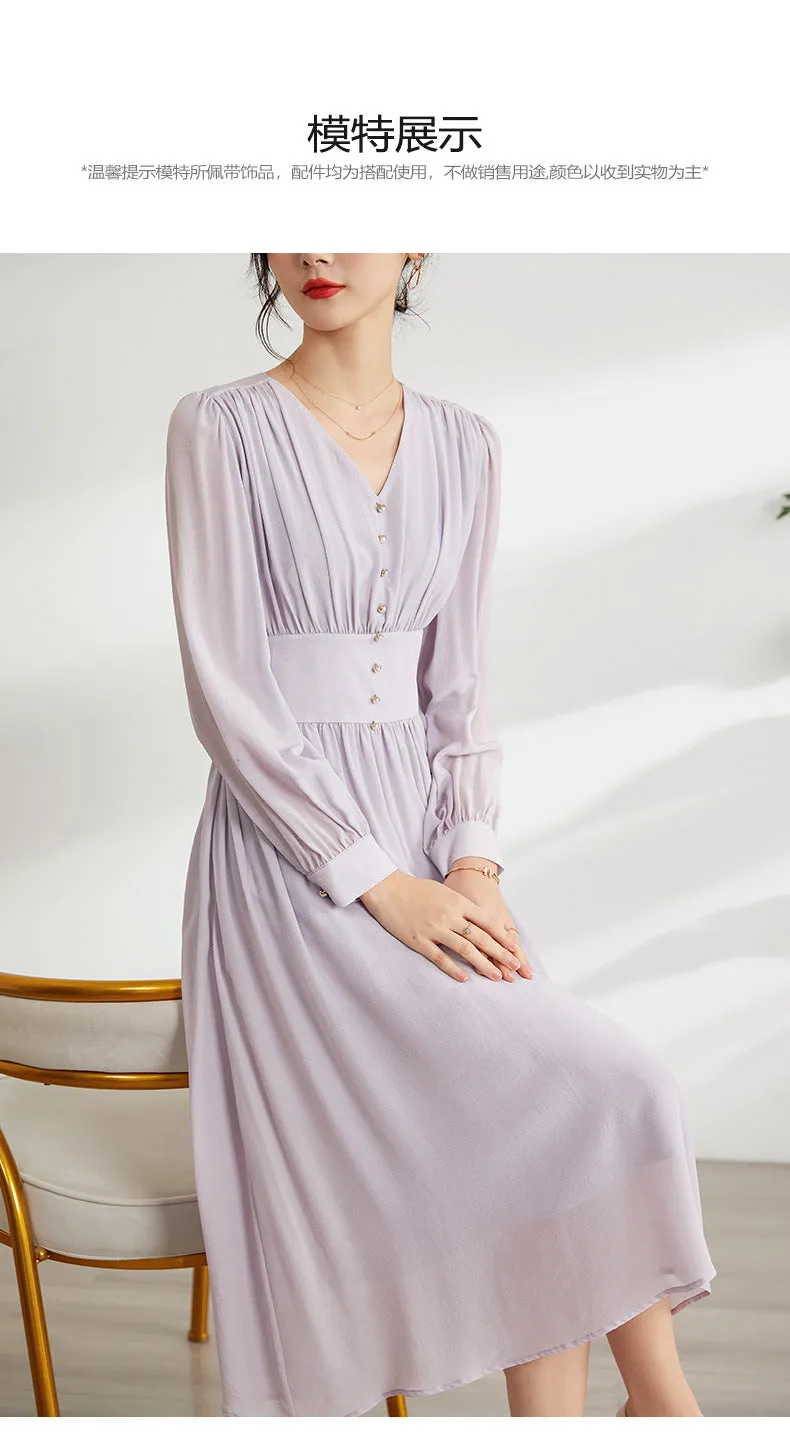 Elegant Purple Long Sleeve Mulberry Silk A-Line Dress