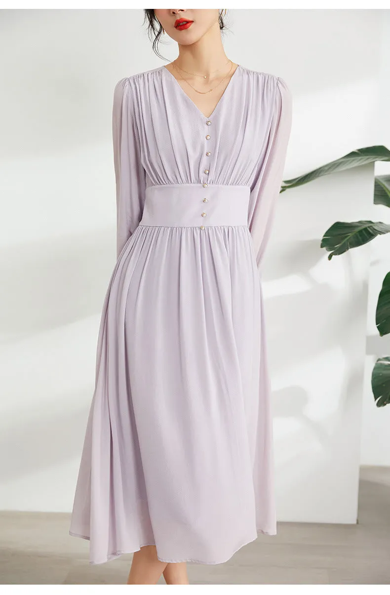 Elegant Purple Long Sleeve Mulberry Silk A-Line Dress