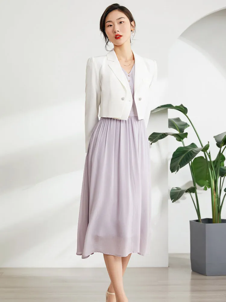 Elegant Purple Long Sleeve Mulberry Silk A-Line Dress