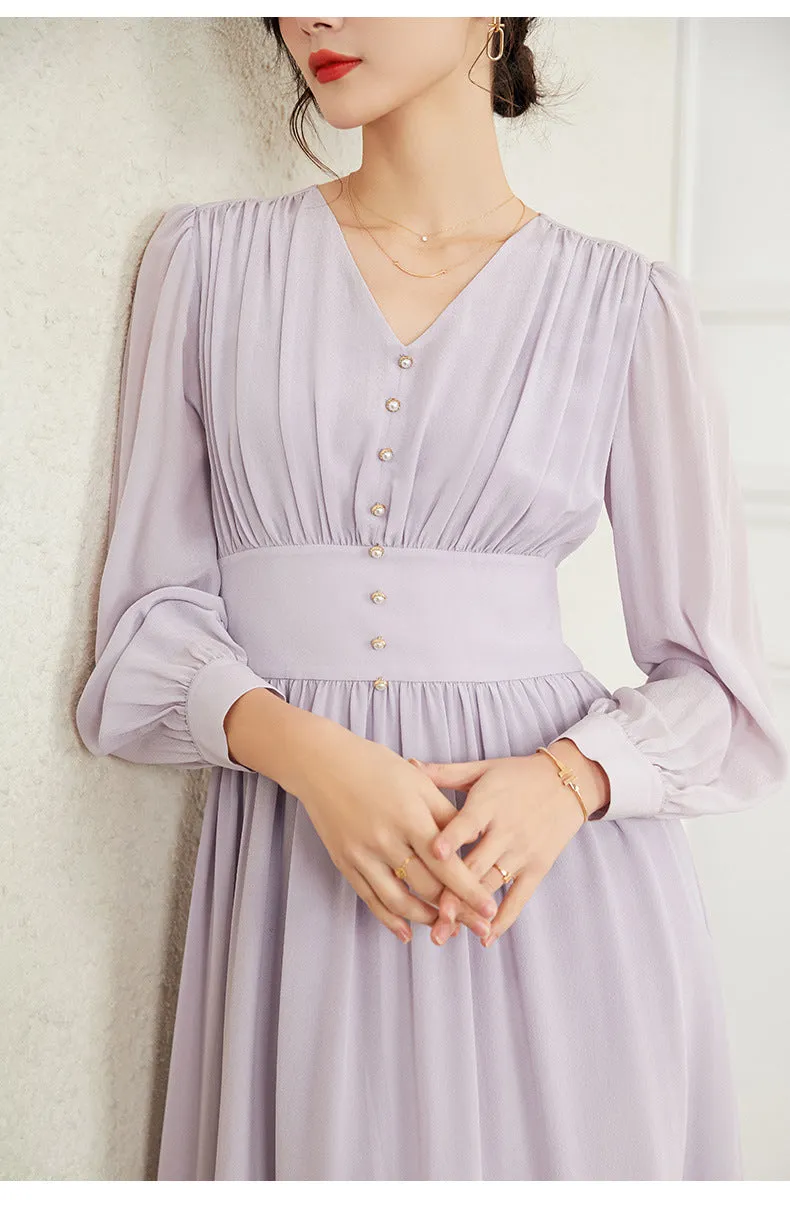 Elegant Purple Long Sleeve Mulberry Silk A-Line Dress