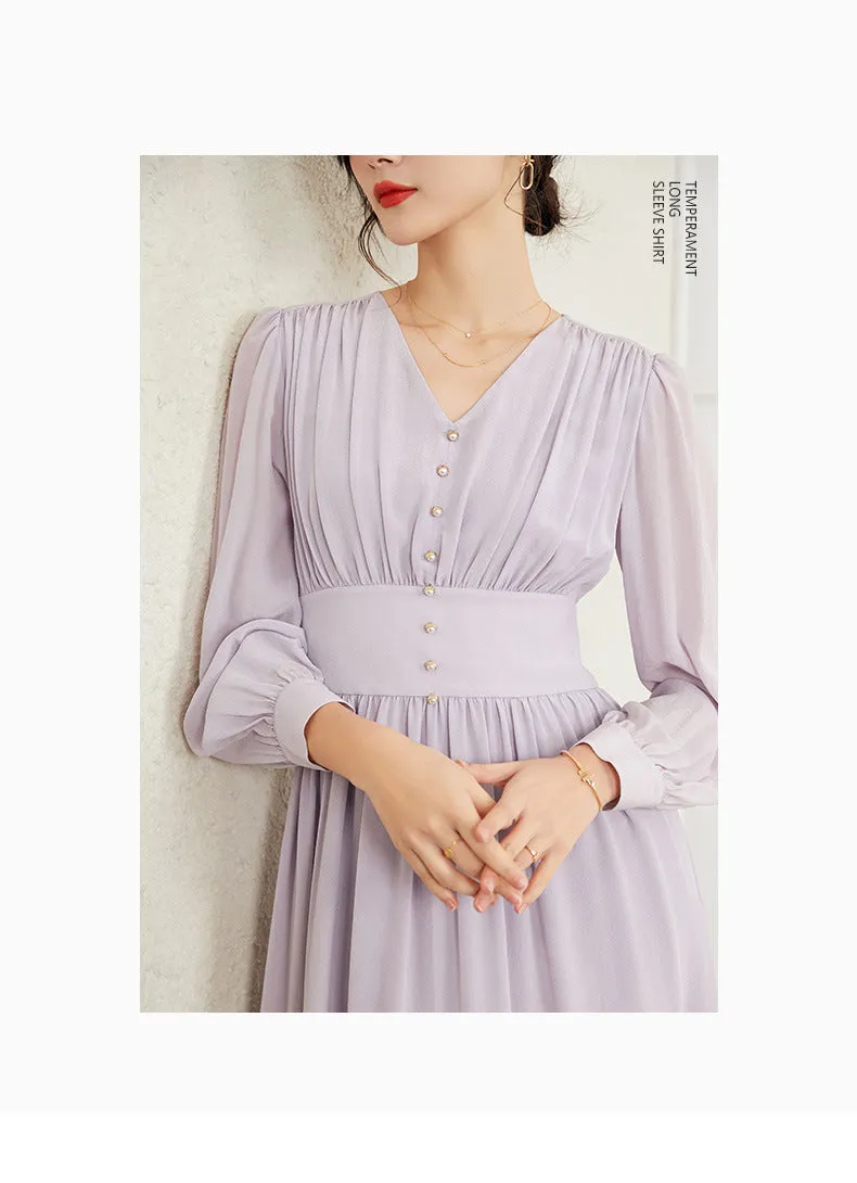 Elegant Purple Long Sleeve Mulberry Silk A-Line Dress