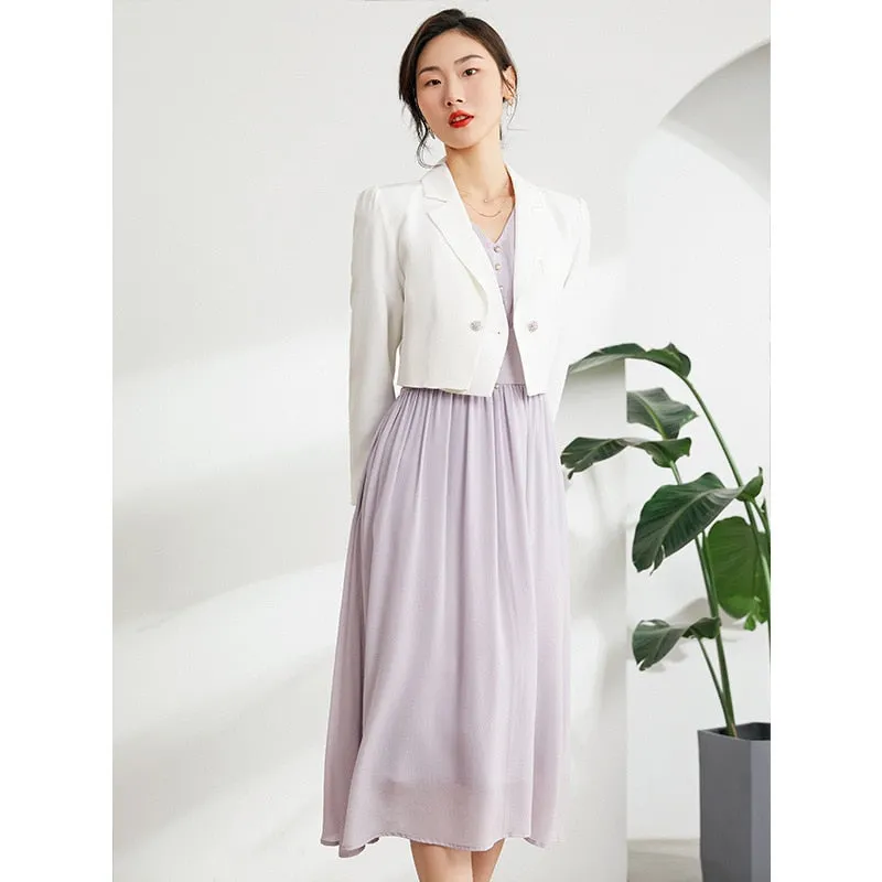 Elegant Purple Long Sleeve Mulberry Silk A-Line Dress