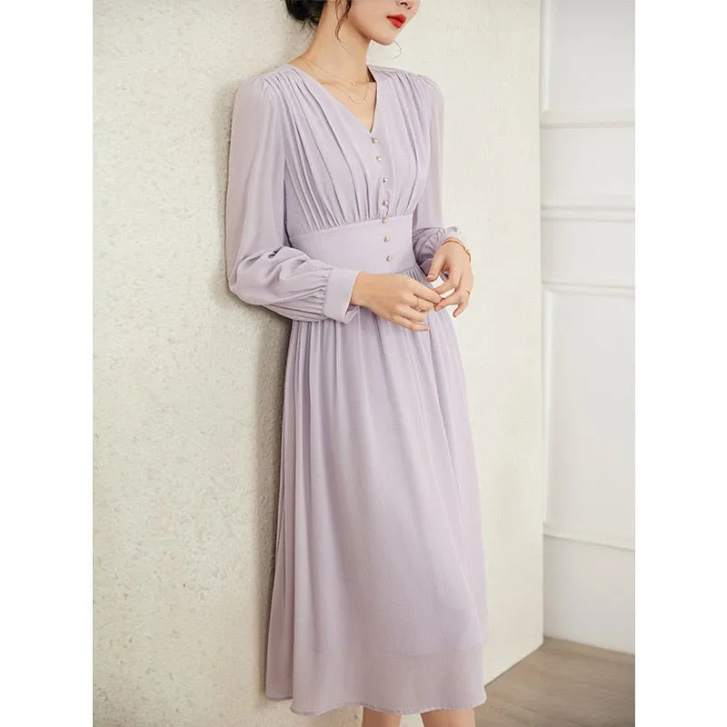 Elegant Purple Long Sleeve Mulberry Silk A-Line Dress