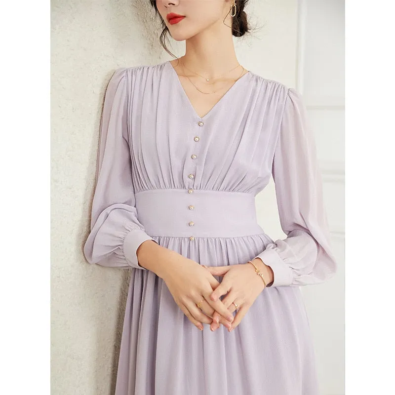 Elegant Purple Long Sleeve Mulberry Silk A-Line Dress