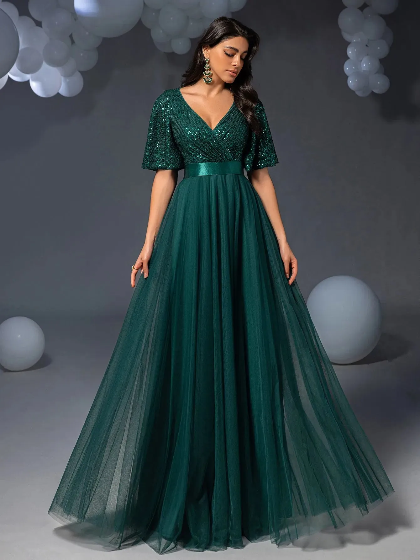 Elegant Surplice Neck Butterfly Sleeves Sequin Party Dress