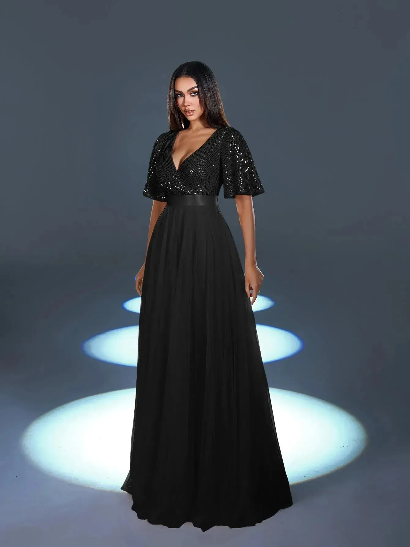 Elegant Surplice Neck Butterfly Sleeves Sequin Party Dress