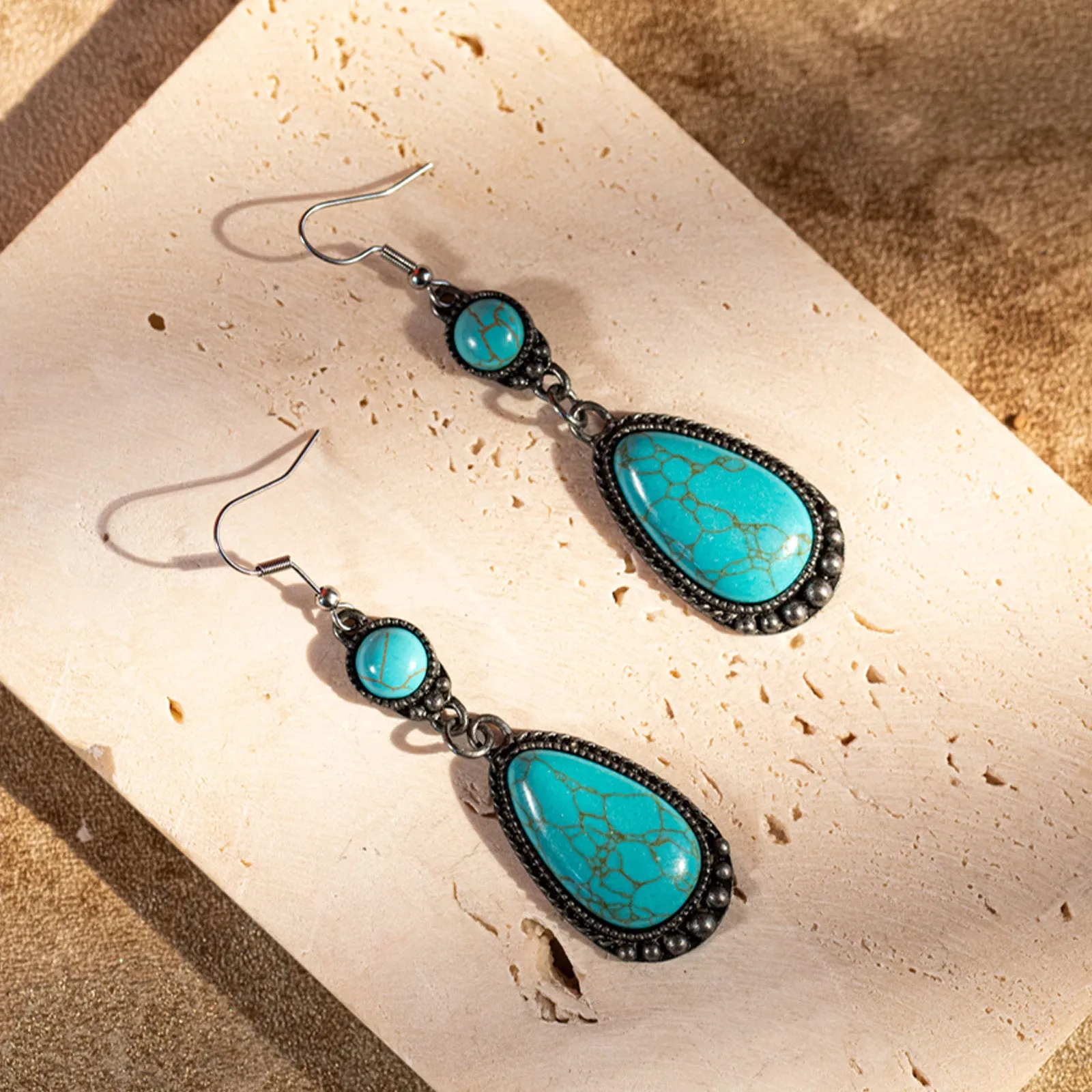 ER-1023  Rustic Couture's  Bohemian Natural Stone Tear Drop Earrings - By Dozen