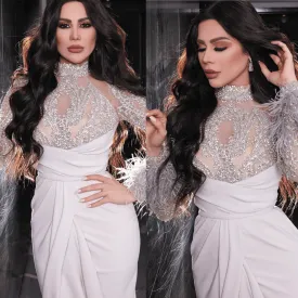 feather beaded evening dresses long sleeve high neck crystals white mermaid luxury sparkly formal dress