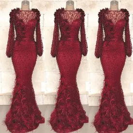 feather evening dresses 2020 mermaid beaded 3d flowers modest Burgundy elegant evening gown robe de soiree