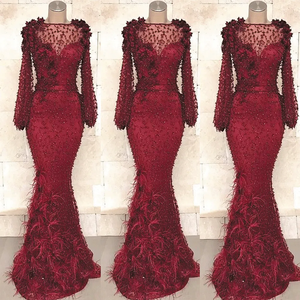 feather evening dresses 2020 mermaid beaded 3d flowers modest Burgundy elegant evening gown robe de soiree