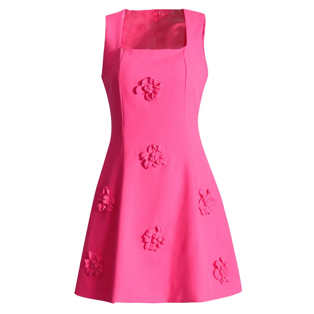 Feminine 3D Rosette Square Neck A Line Sleeveless Crepe Mini Party Dress