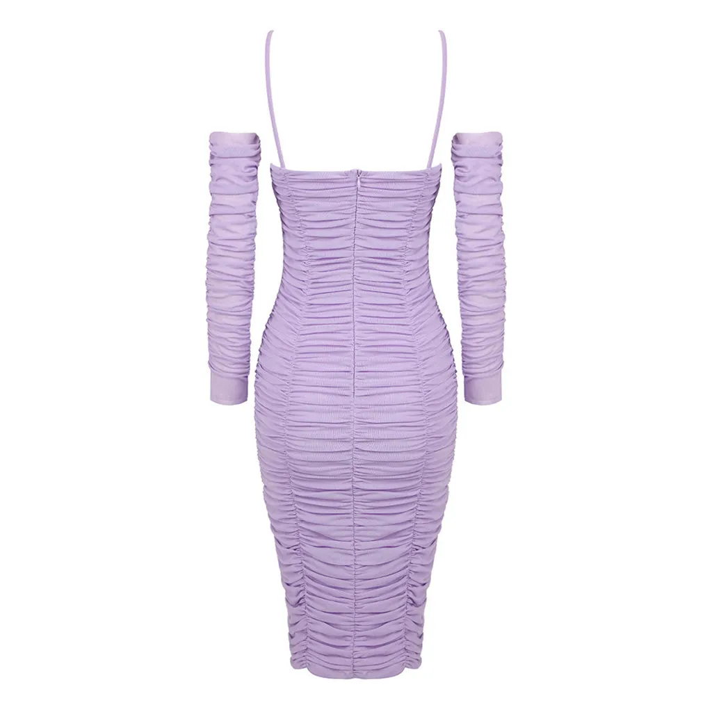 Feminine Spaghetti Strap Cutout Ruched Mesh Bodycon Rosette Midi Dress