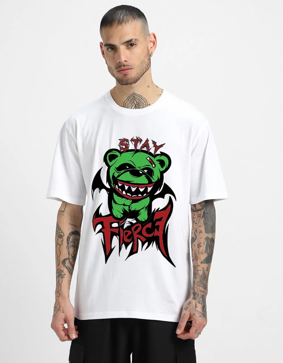 FIERCE White Oversized Front Graphic Printed Tshirt