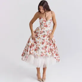 Floating Rose Print Scalloped Lace Bustier Fit and Flare Tulle Midi Sundress