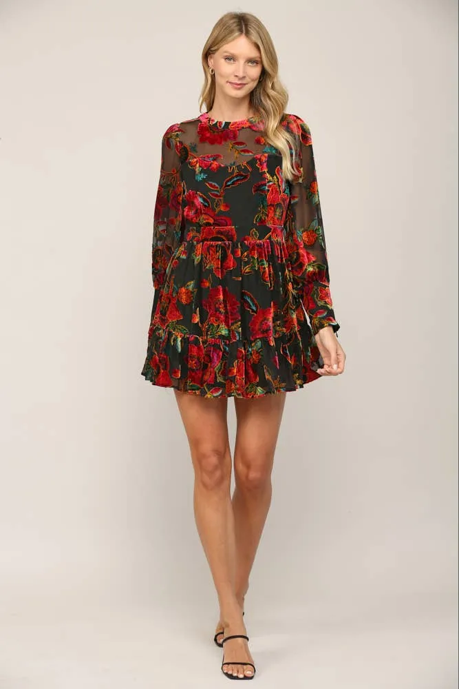 Floral Burnout Velvet Long Sleeve Dress