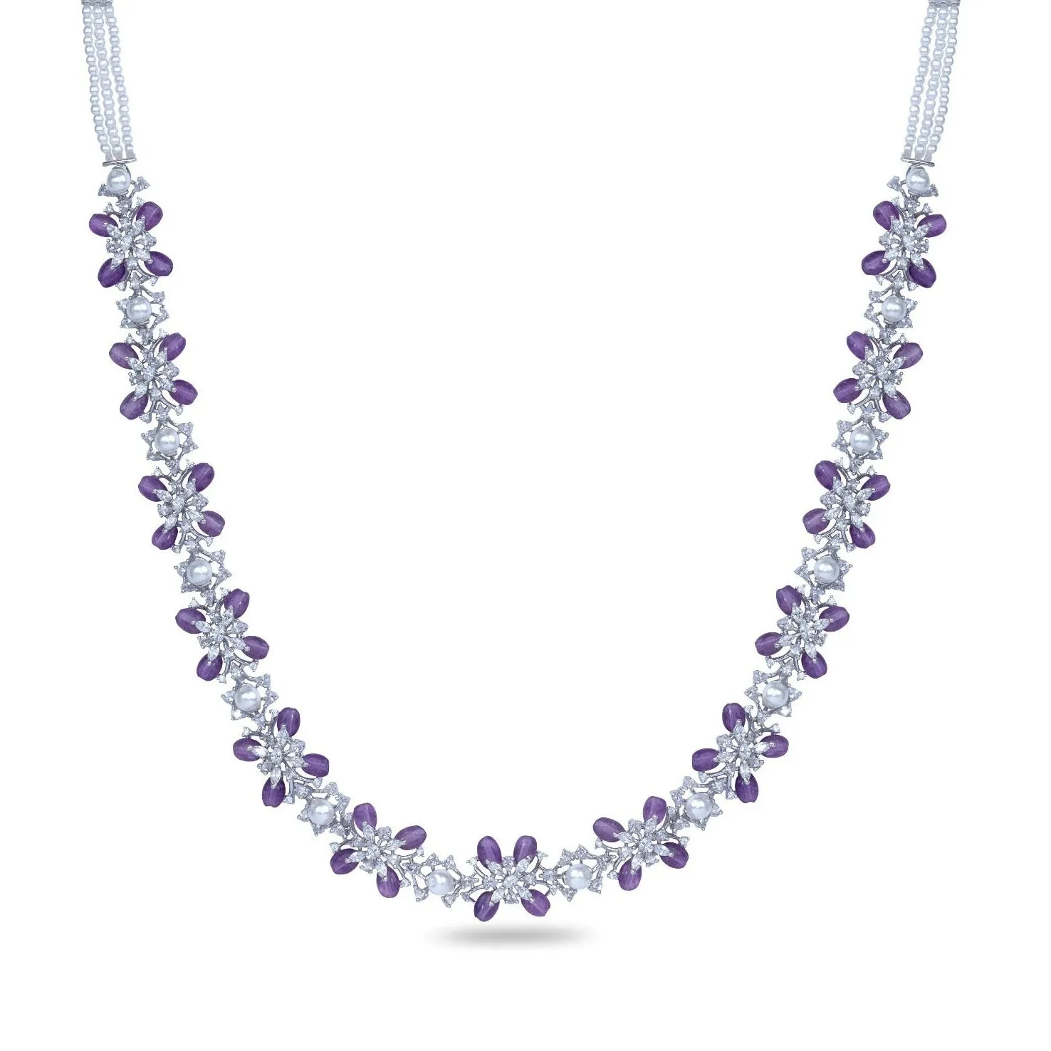 Floral Petal CZ Lavender Beads & Pearl Long Necklace