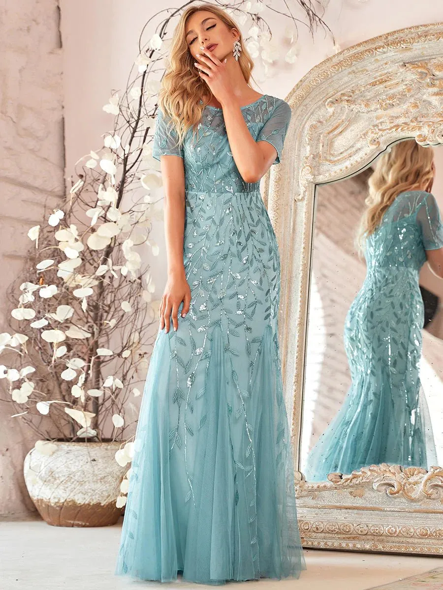 Floral Sequin Print Maxi Long Fishtail Tulle Formal Dresses with Half Sleeve