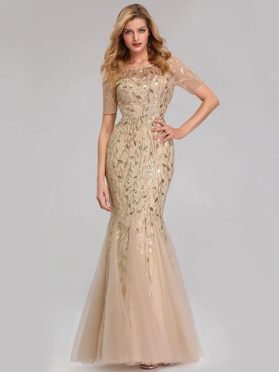 Floral Sequin Print Maxi Long Fishtail Tulle Formal Dresses with Half Sleeve