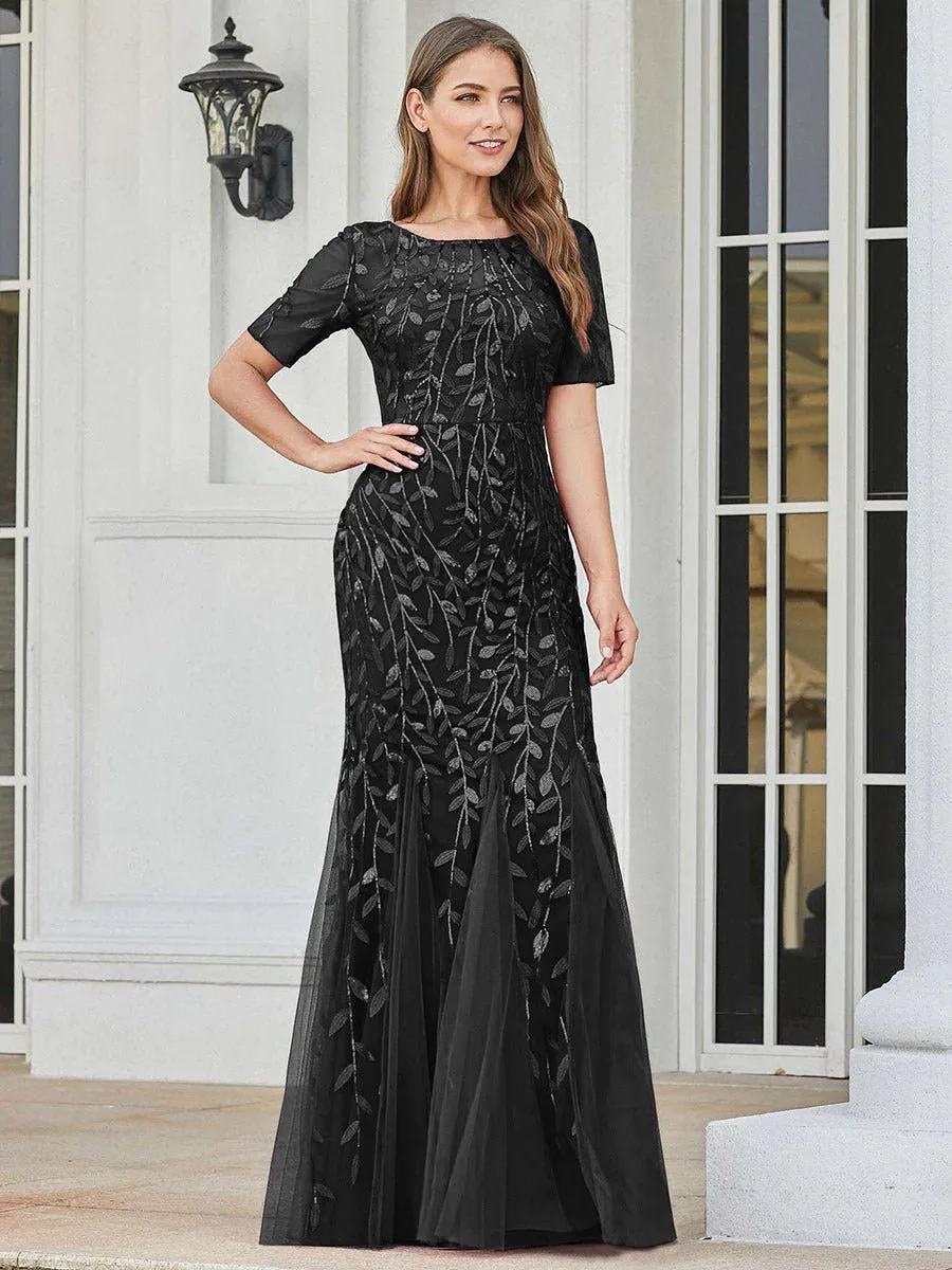 Floral Sequin Print Maxi Long Fishtail Tulle Formal Dresses with Half Sleeve