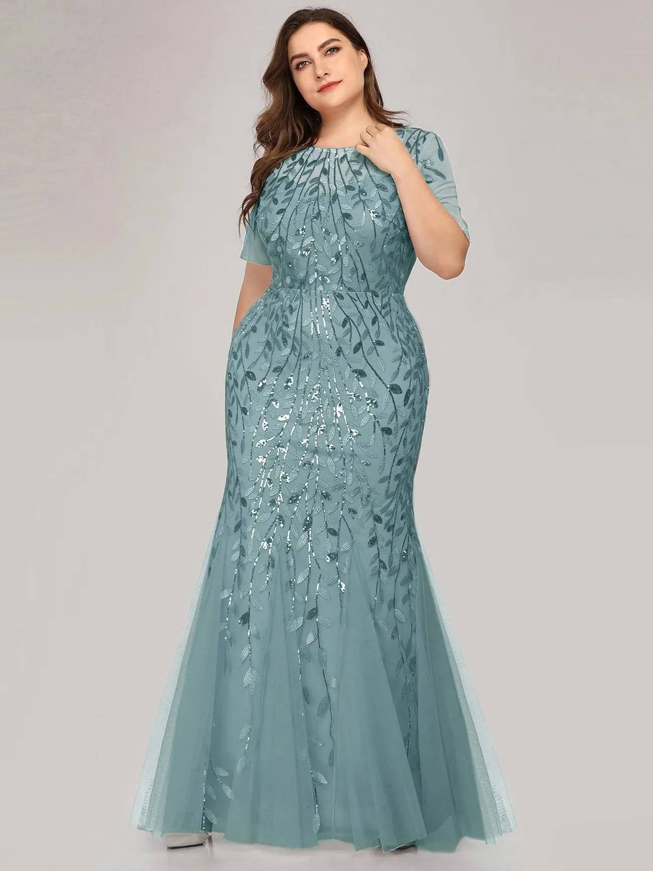 Floral Sequin Print Maxi Long Fishtail Tulle Formal Dresses with Half Sleeve