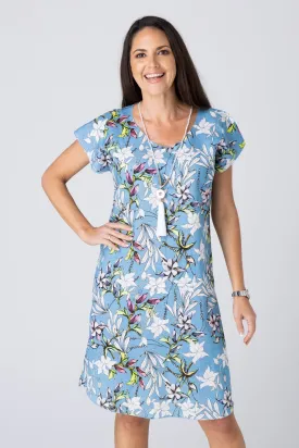 French Print Linen/Silk Short Sleeve Dress