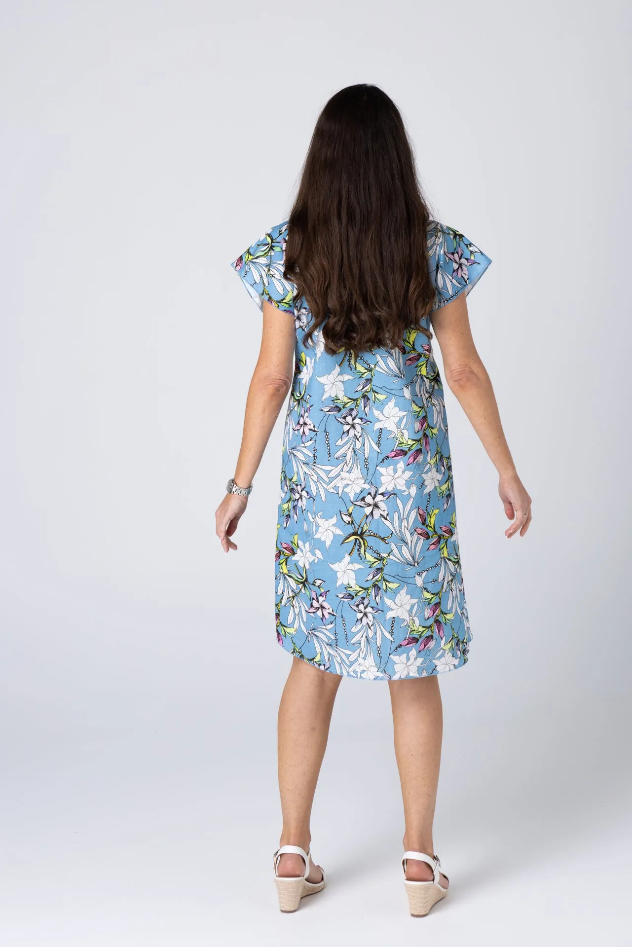 French Print Linen/Silk Short Sleeve Dress