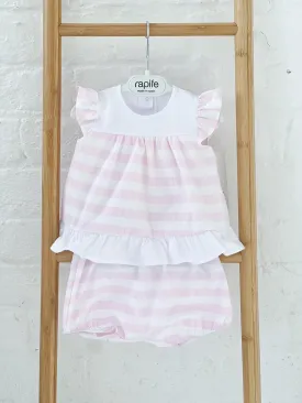 Girls Rapife Pink Stripe Frill Shoulder Vest and Bloomer Set