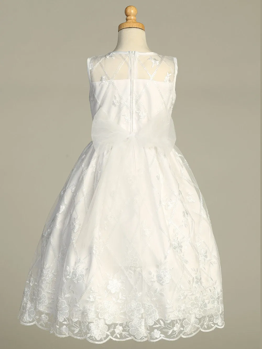 Girls White First Communion Dress w/ Embroidered Tulle & Sequins (206)