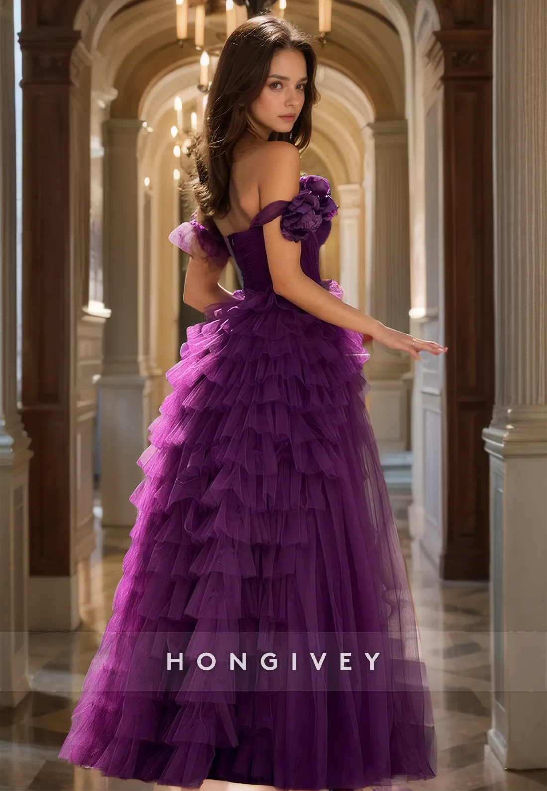 Graceful One Shoulder Purple Tulle Prom Dresses A-Line Tiered Luxury Quinceanera Dress