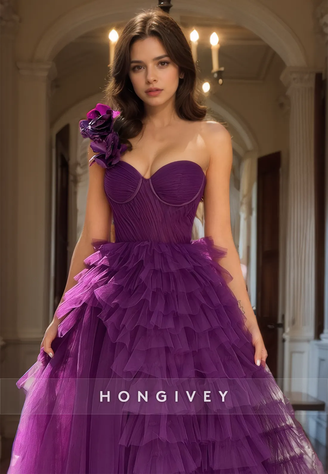 Graceful One Shoulder Purple Tulle Prom Dresses A-Line Tiered Luxury Quinceanera Dress