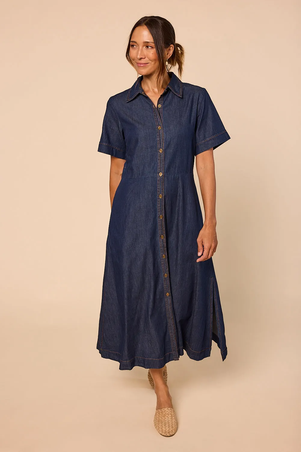 Gracie Chambray Dress in Dark Wash