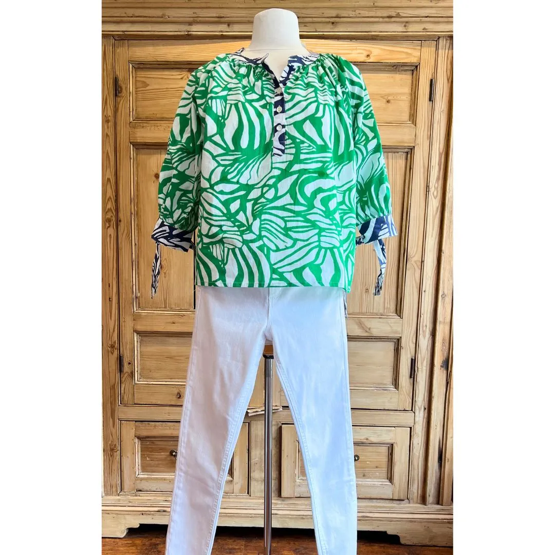 Green & White Abstract Floral Top