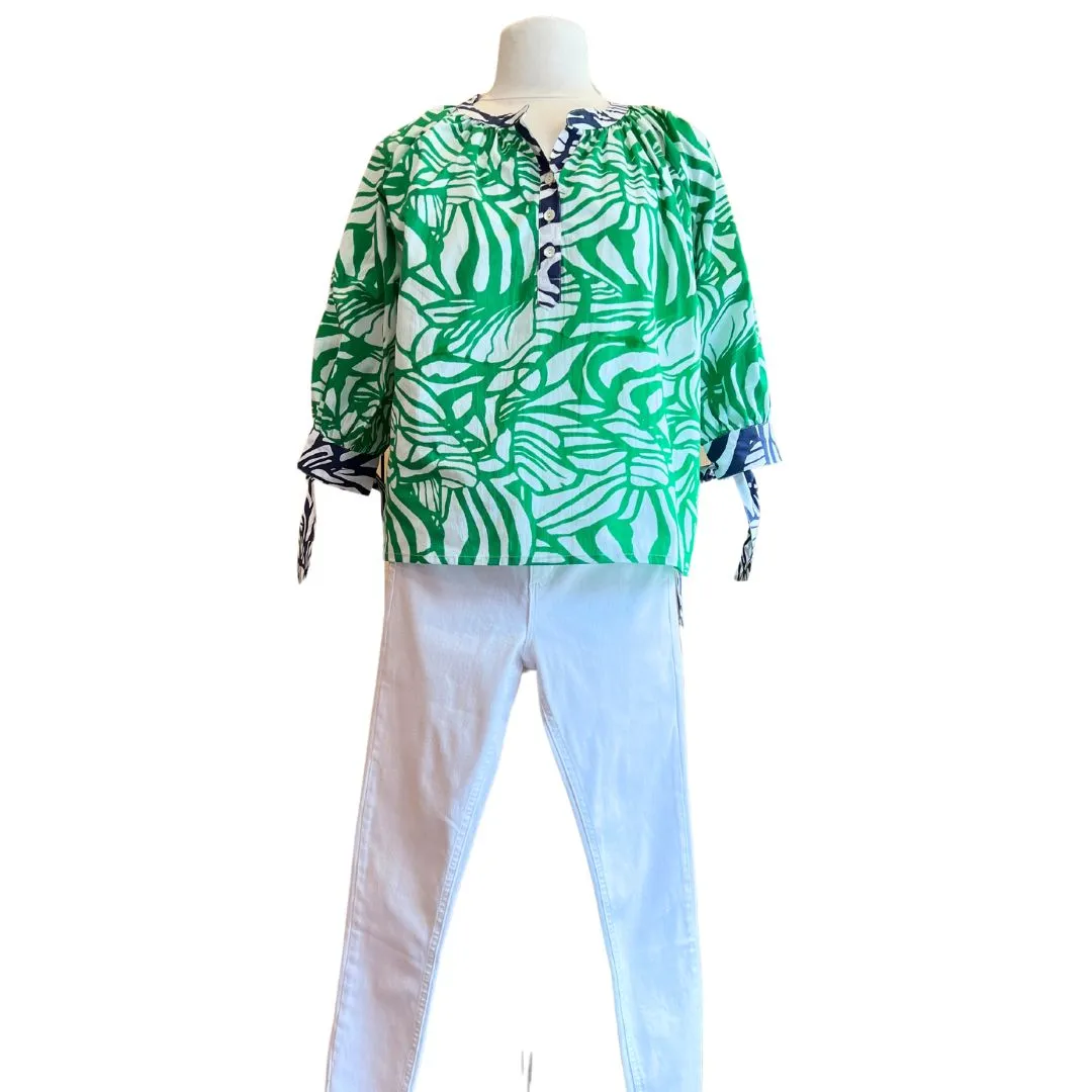 Green & White Abstract Floral Top