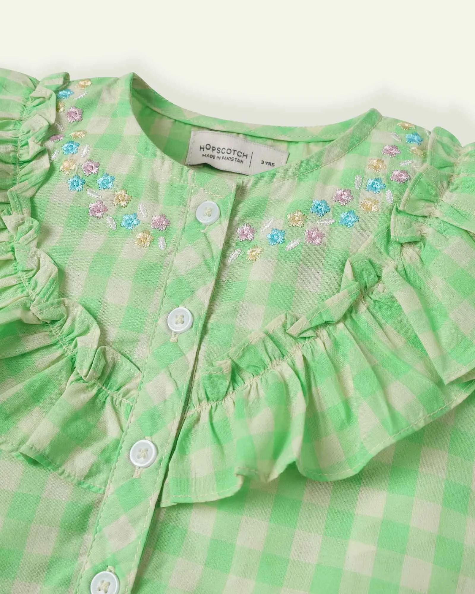 Green Embroidered Check Top