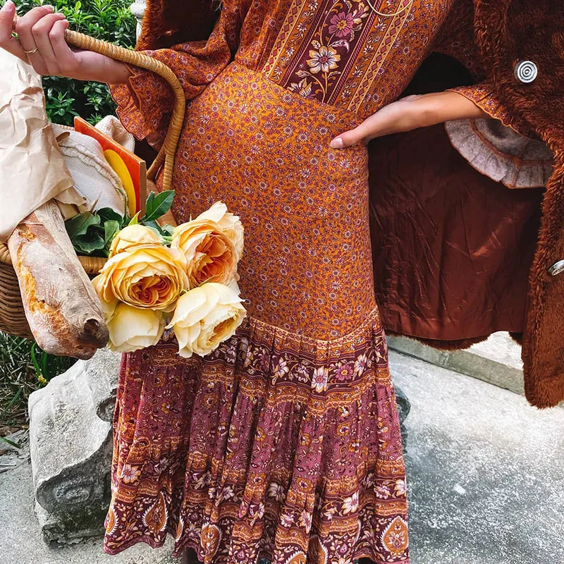 Gypsy Maxi Dress Floral Orange And Burgundy Or Blue And Blush You Choose Bohemian Ruffles Flare Sleeves Tie Waist Peasant Blouse Gown Available In Sizes XS Small Medium Or Large