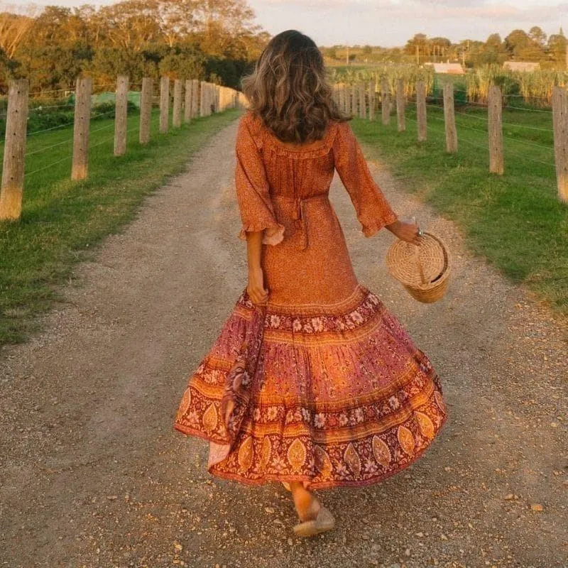 Gypsy Maxi Dress Floral Orange And Burgundy Or Blue And Blush You Choose Bohemian Ruffles Flare Sleeves Tie Waist Peasant Blouse Gown Available In Sizes XS Small Medium Or Large