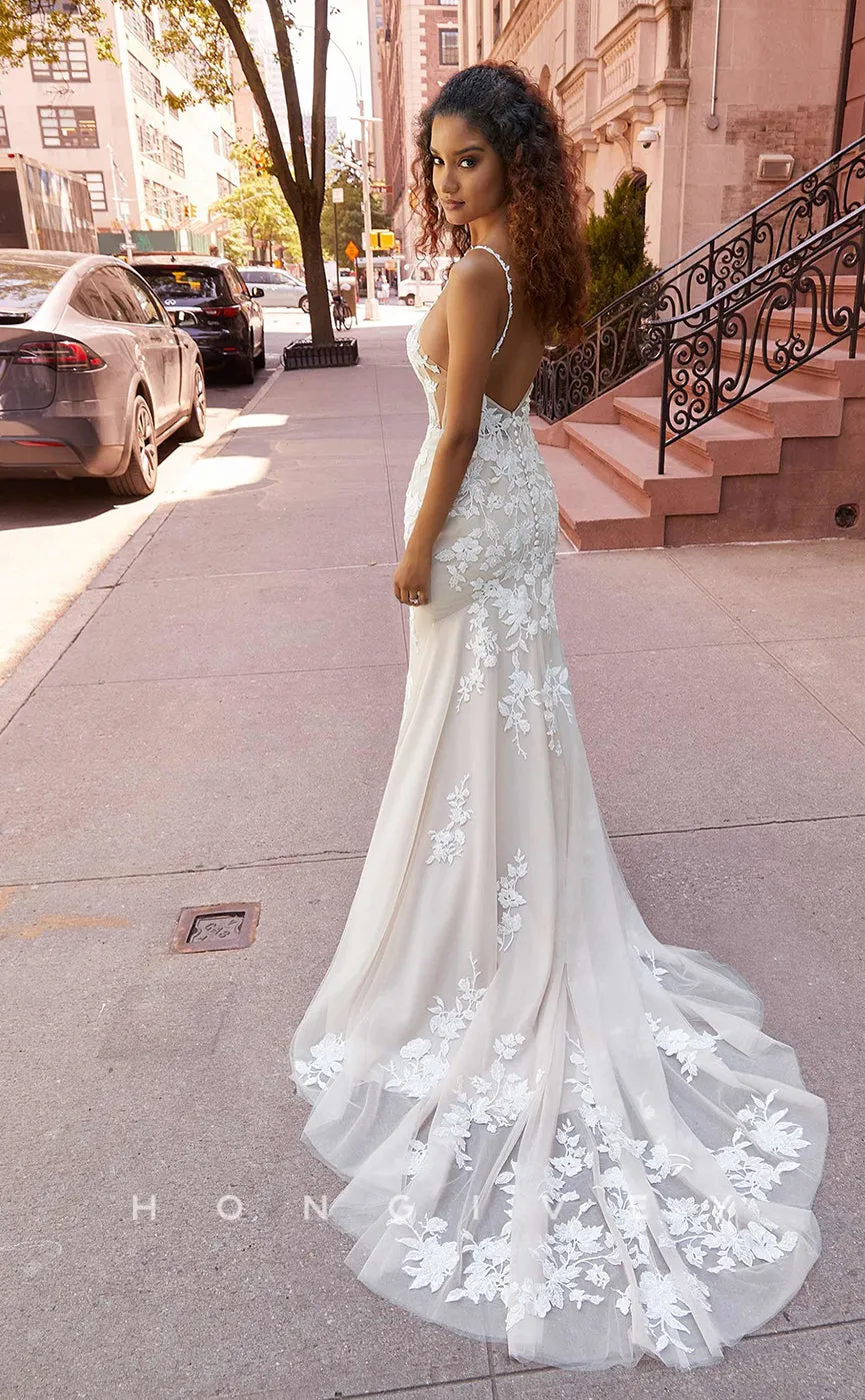 H0836 - Sheer Floral Embroidered Lace Plunging Illusion Mermaid With Overskirt And Tulle Train Pricess Wedding Dress