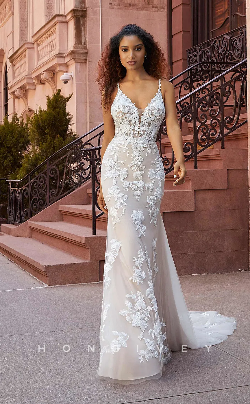 H0836 - Sheer Floral Embroidered Lace Plunging Illusion Mermaid With Overskirt And Tulle Train Pricess Wedding Dress