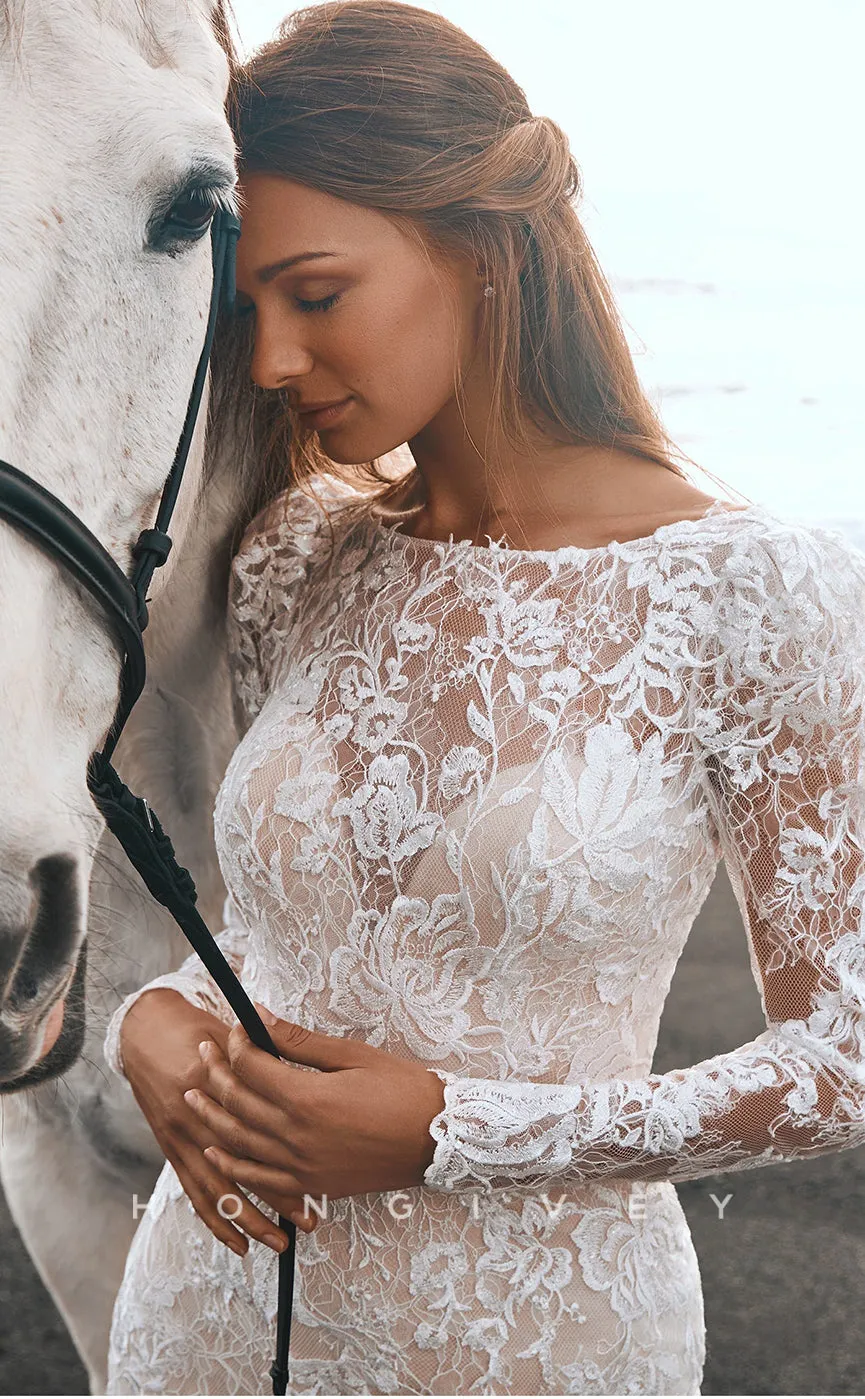 H0861 - Illusion Fully Lace Embroidered Long Sleeve Open Back With Train Wedding Dress