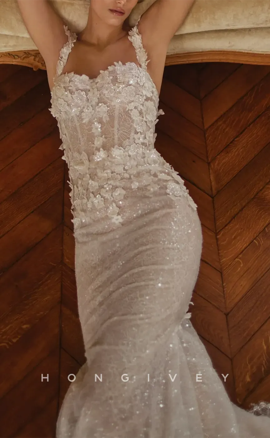 H0939 - Sparkly Floral Embossed Illusion With Train Long Wedding Dress