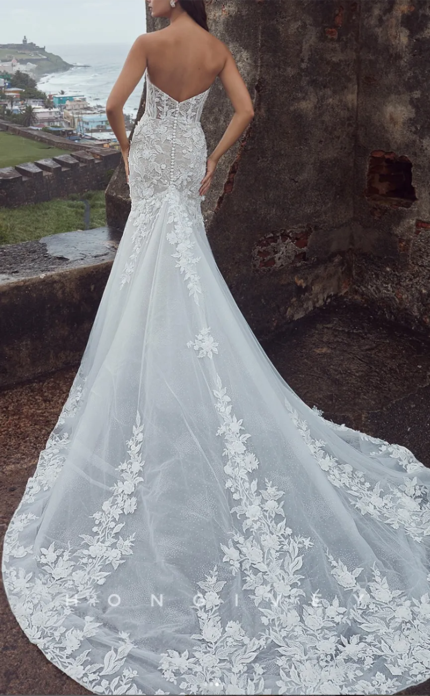 H1218 - Sexy Trumpt Lace Sweetheart Strapless Sleeveless Empire Appliques With Train Wedding Dress