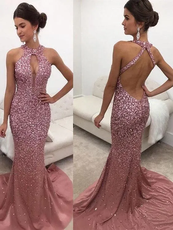 halter pink evening dresses long mermaid crystals beaded backless sexy formal dress vestido de longo