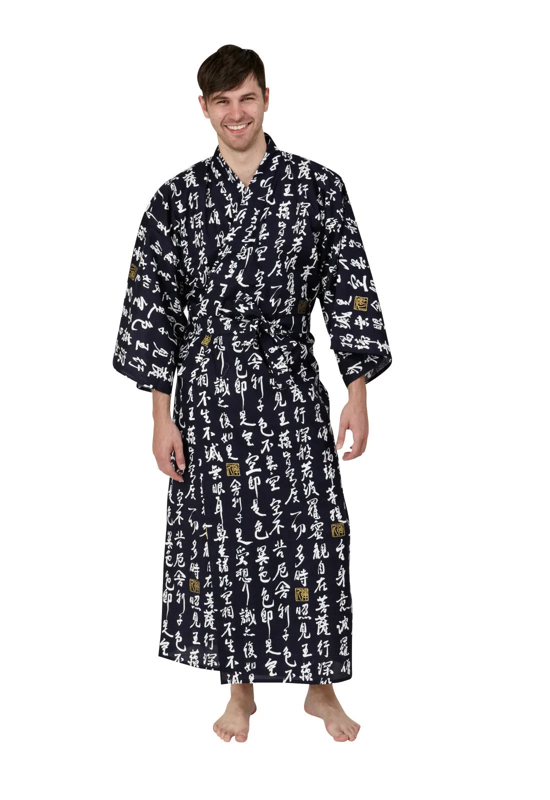 Hannya Sutra Mens Long Cotton Kimono Navy