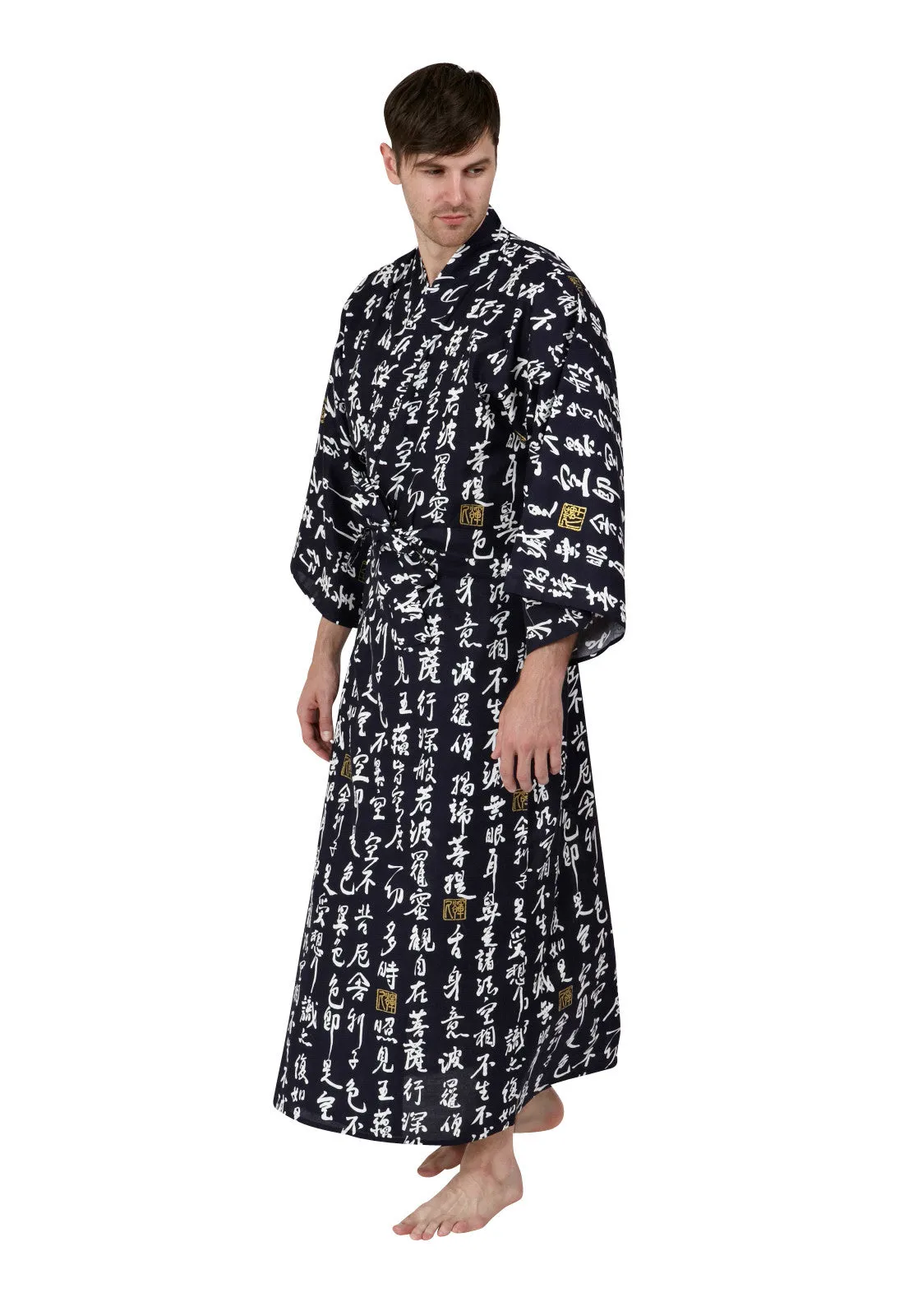 Hannya Sutra Mens Long Cotton Kimono Navy