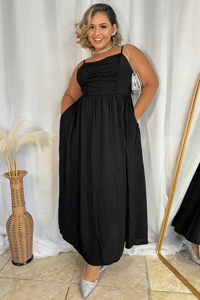 HN Black Plus Size V-Neck Maxi Dress Spaghetti Straps Ruched A-Line Dress